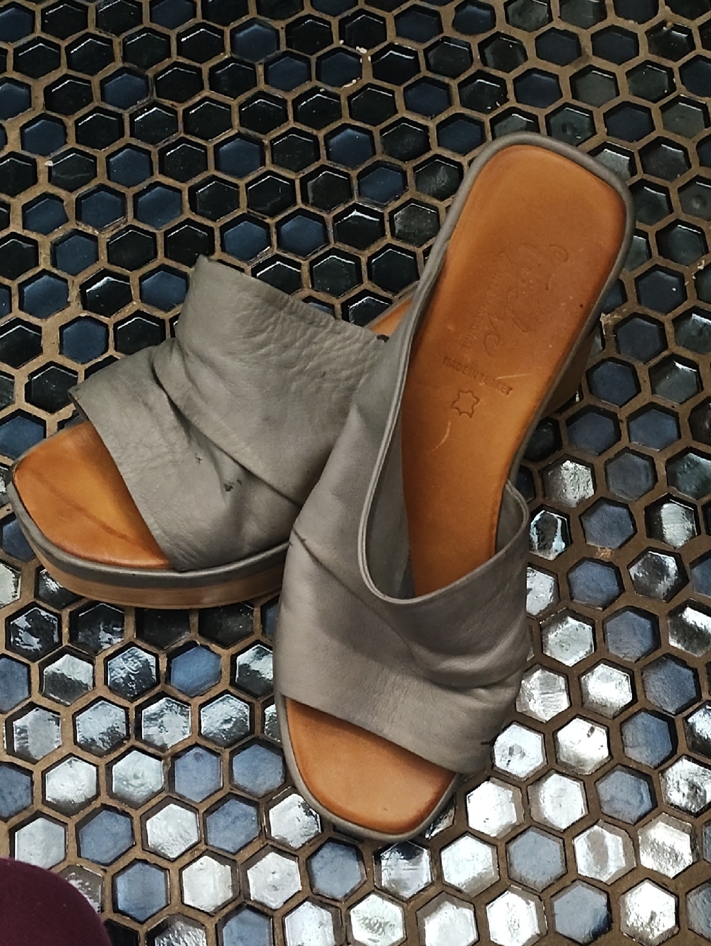 Tyche Women's Gray/Blue Leather Slide Sandals - Orthopedic Casual Mule